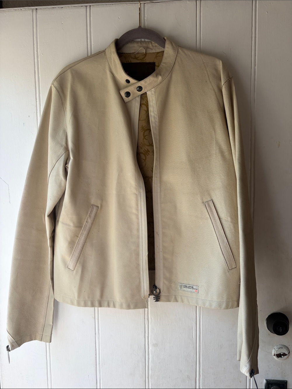 Diesel Men’s Cream Leather Jacket - Classic Stand Collar